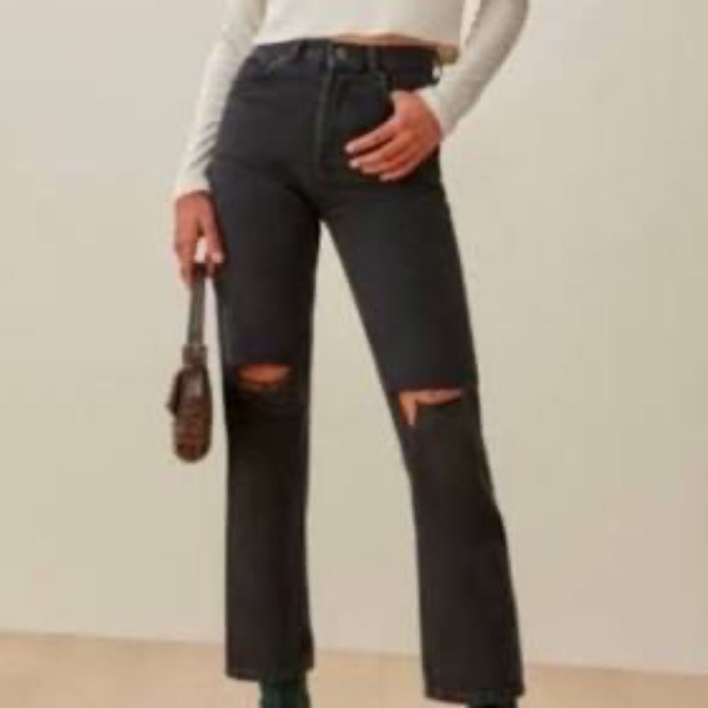 Reformation Cynthia High Rise Destroyed Straight Leg Jeans In‎ Lagoon Sz 23